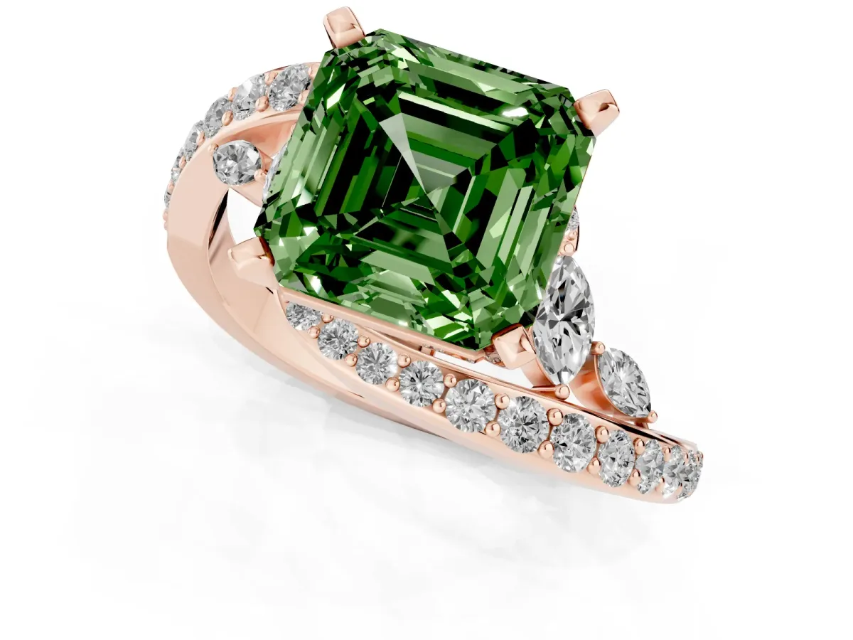Fancy Green Asscher Cut Solitaire with Pavé Twist Band and Four-Prong Setting Rose gold