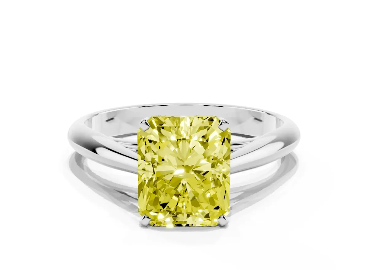 Fancy Yellow Radiant Cut Diamond Solitaire Engagement Ring with Cathedral Setting and Four-Prong Mount Silver