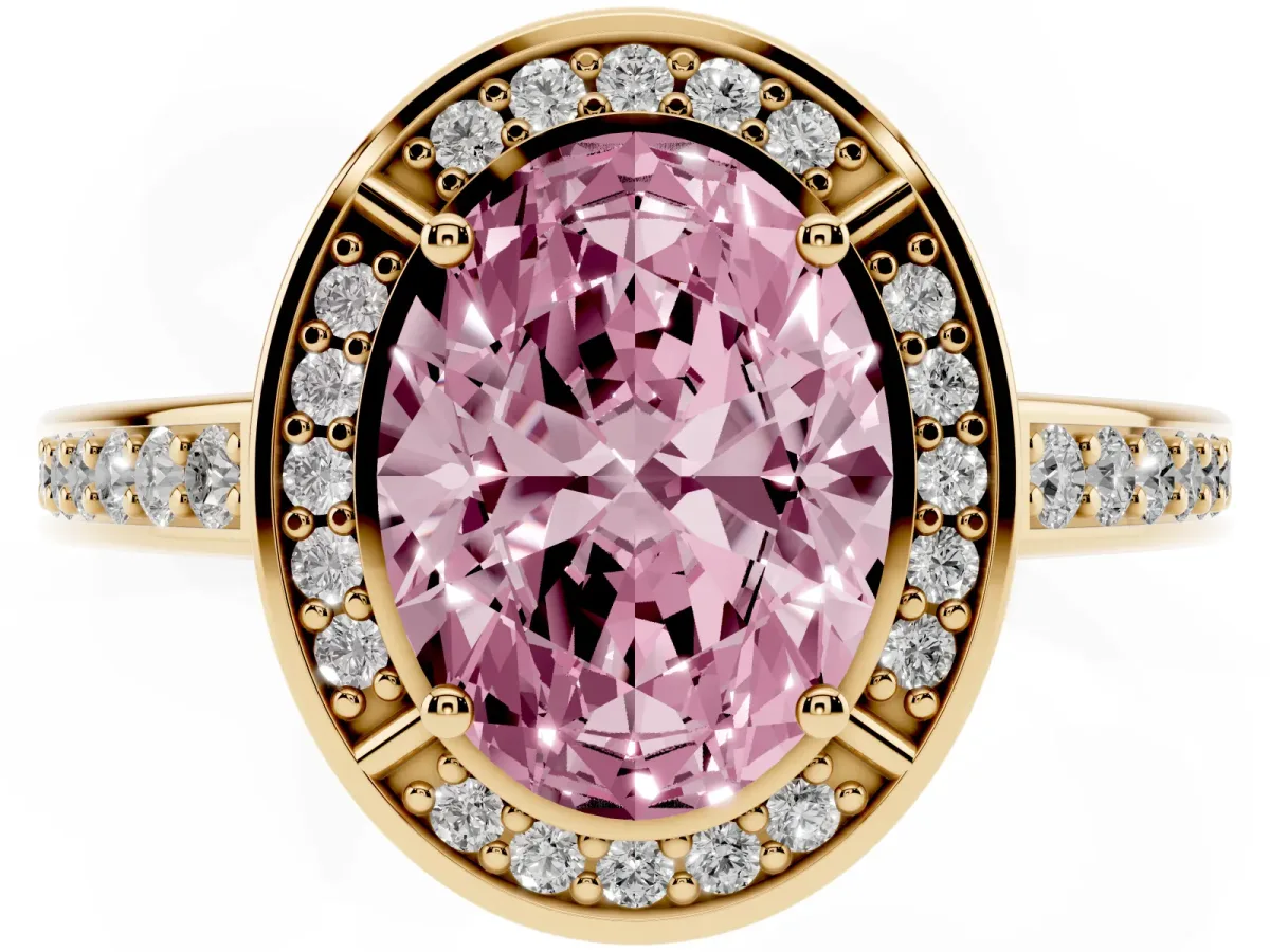 Fancy Pink Oval Cut Cut Halo Pave Split Shank Prong Setting Ring Yellow gold
