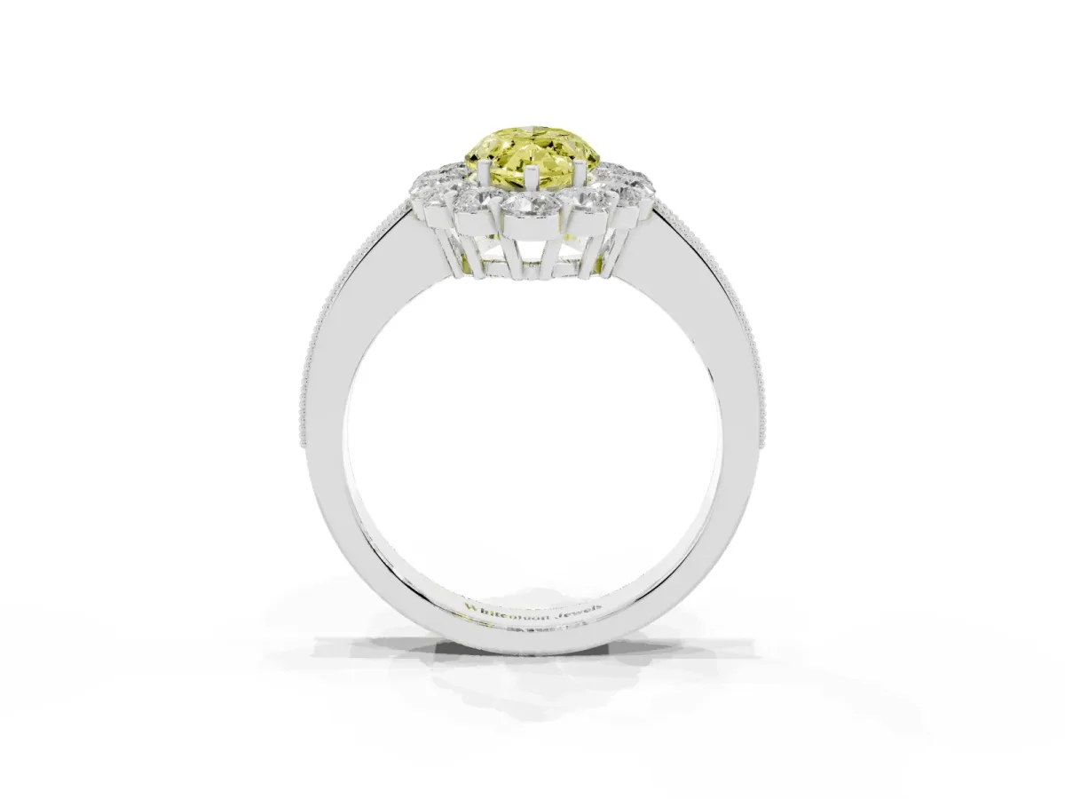 Fancy Yellow Marquise Cut Cut Halo Diamond Pavé Engagement Ring with Milgrain Detailing White gold