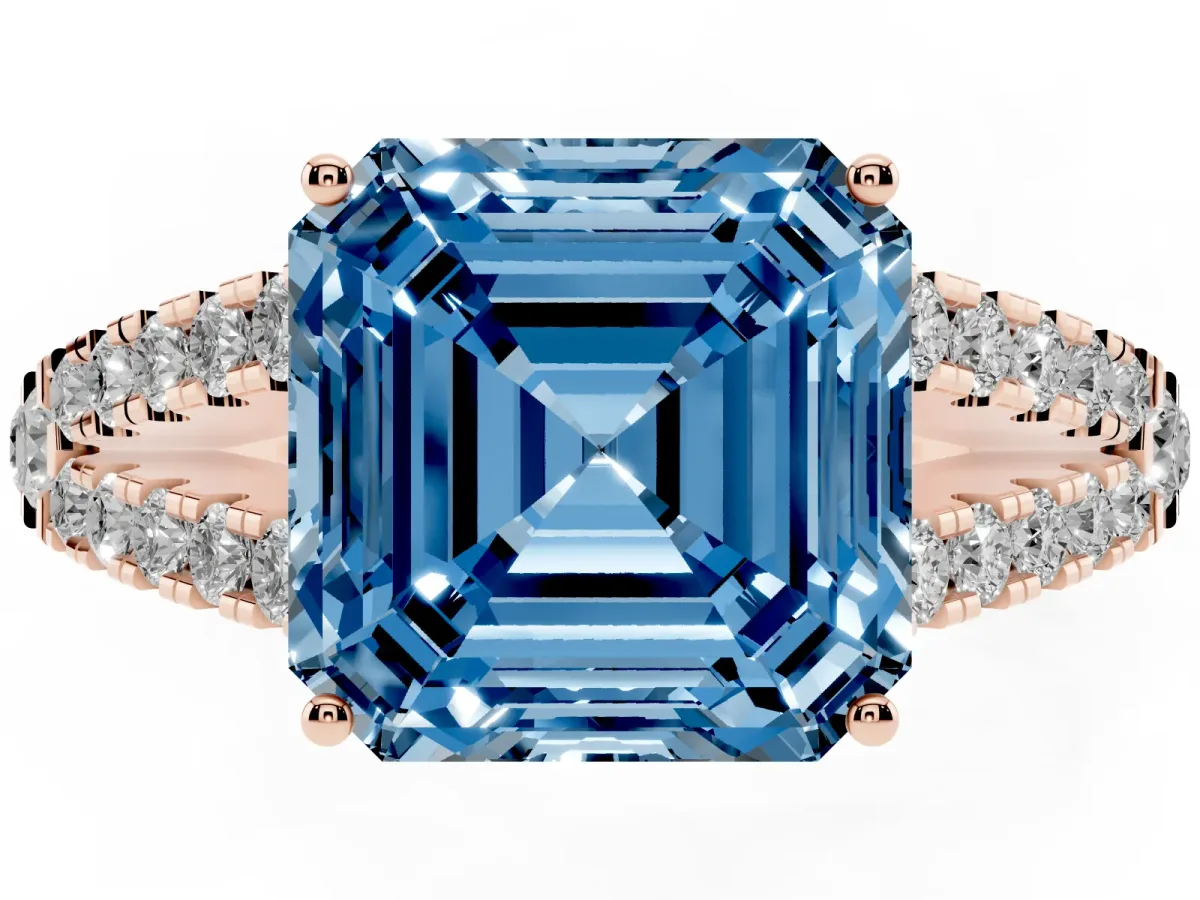 Fancy Blue Asscher Cut Diamond Split Shank Pavé Engagement Ring with Four-Prong Setting Rose gold