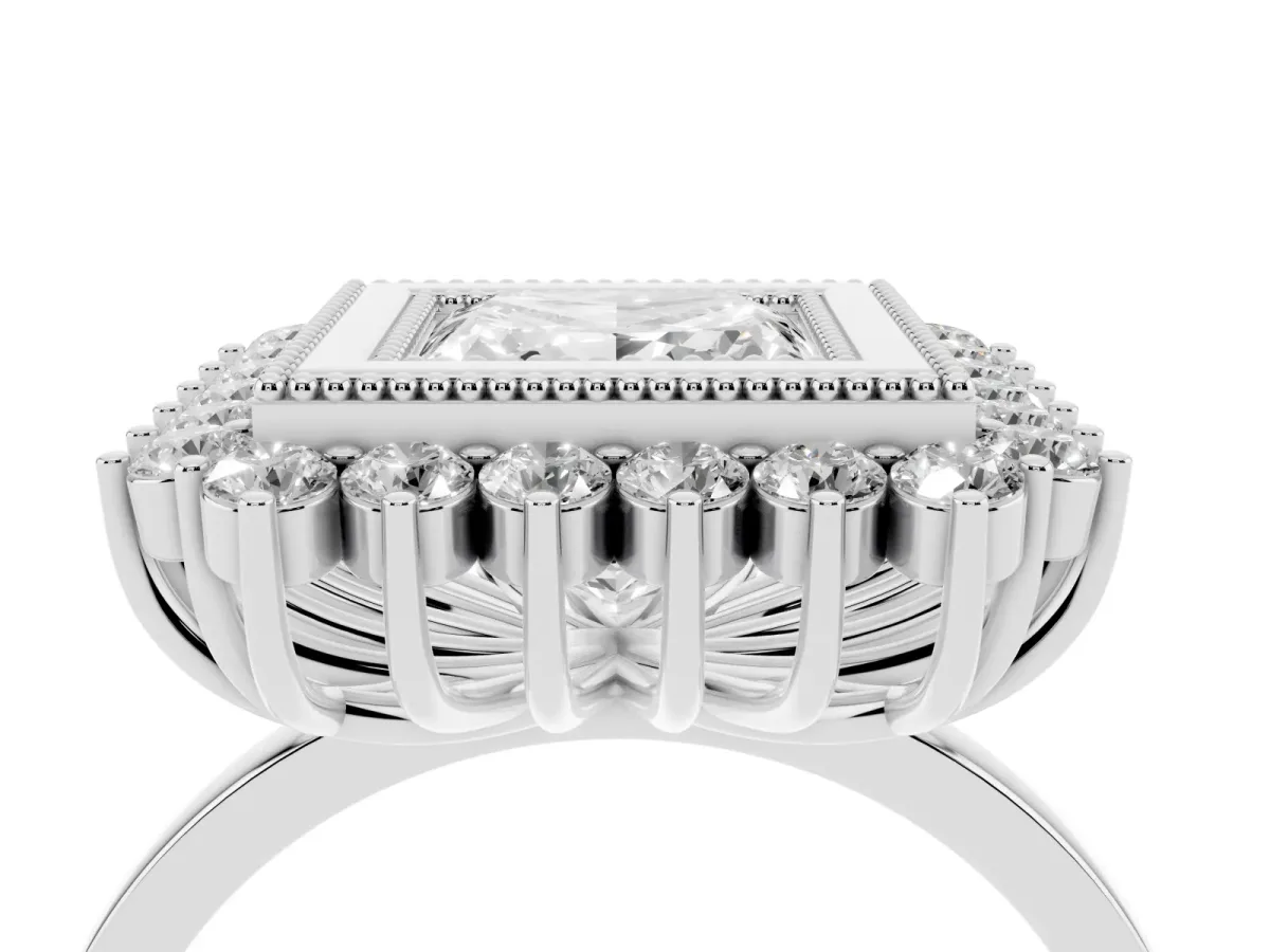 Princess Cut Halo Diamond Ring with Milgrain Edge and Round Prong Setting Silver
