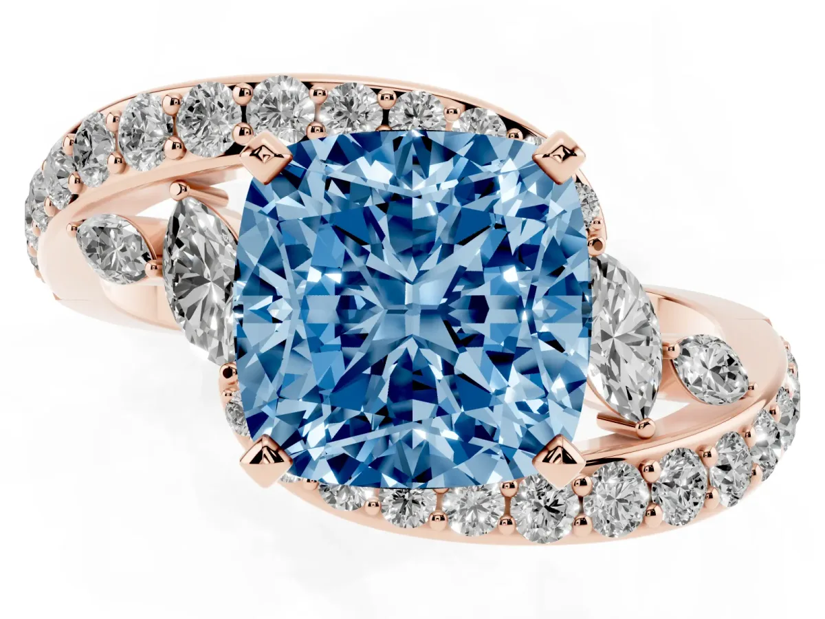 Fancy Blue Cushion Cut Solitaire with Pavé Twist Band and Four-Prong Setting Rose gold