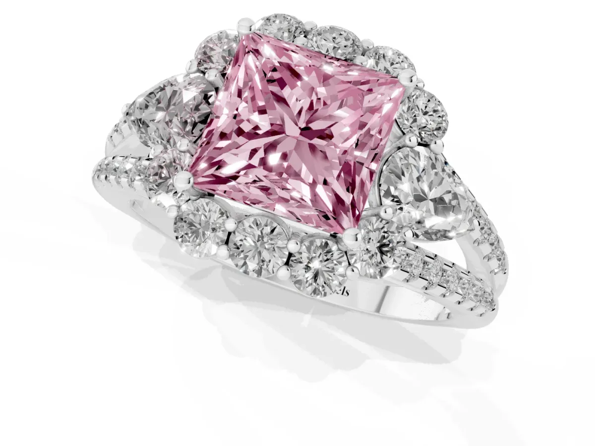 Fancy Pink Princess Cut Halo Split Shank Diamond Engagement Ring with Prong Setting Platinum