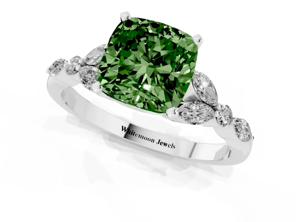 Fancy Green Cushion Cut Diamond Solitaire Ring with Side Stones and Four-Prong Setting Silver