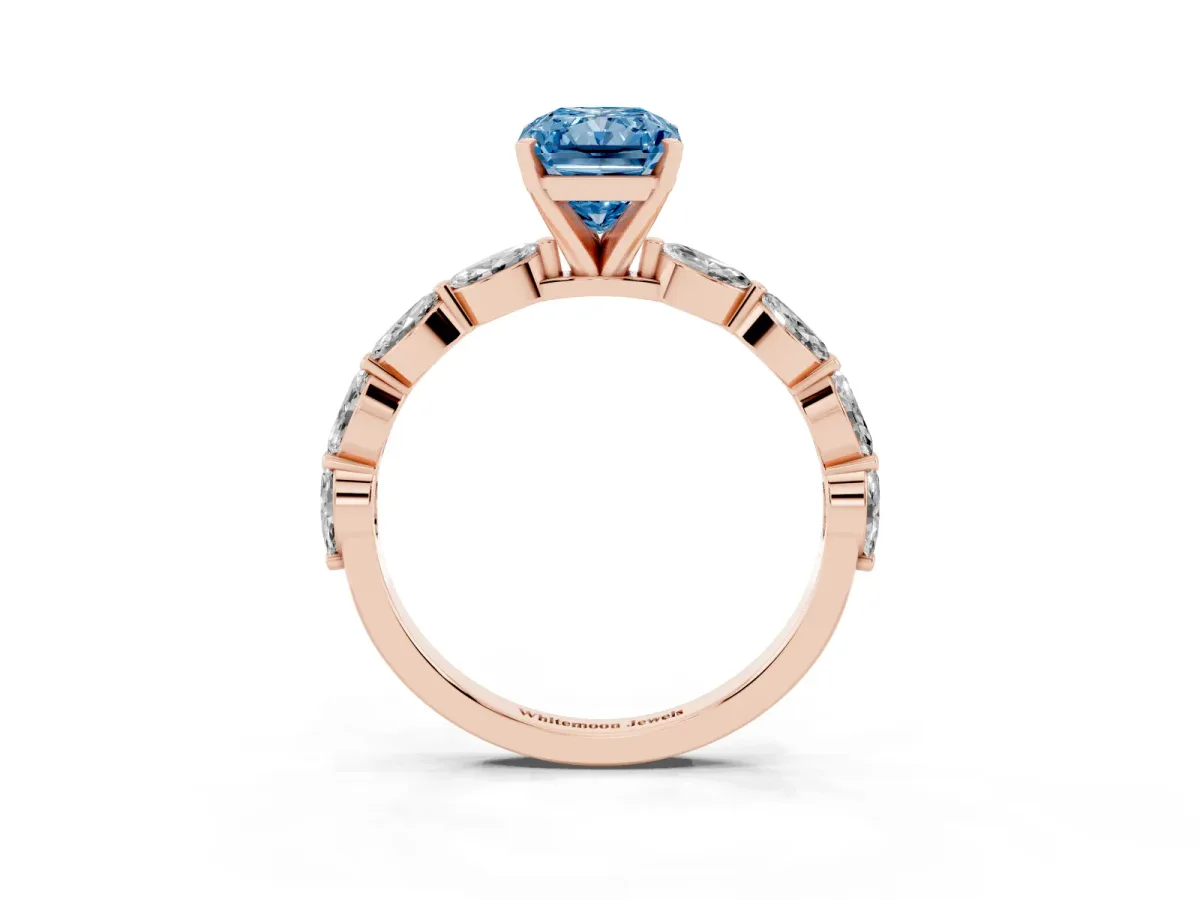 Fancy Blue Radiant Cut Diamond Ring with Marquise Side Stones and Prong Setting Rose gold