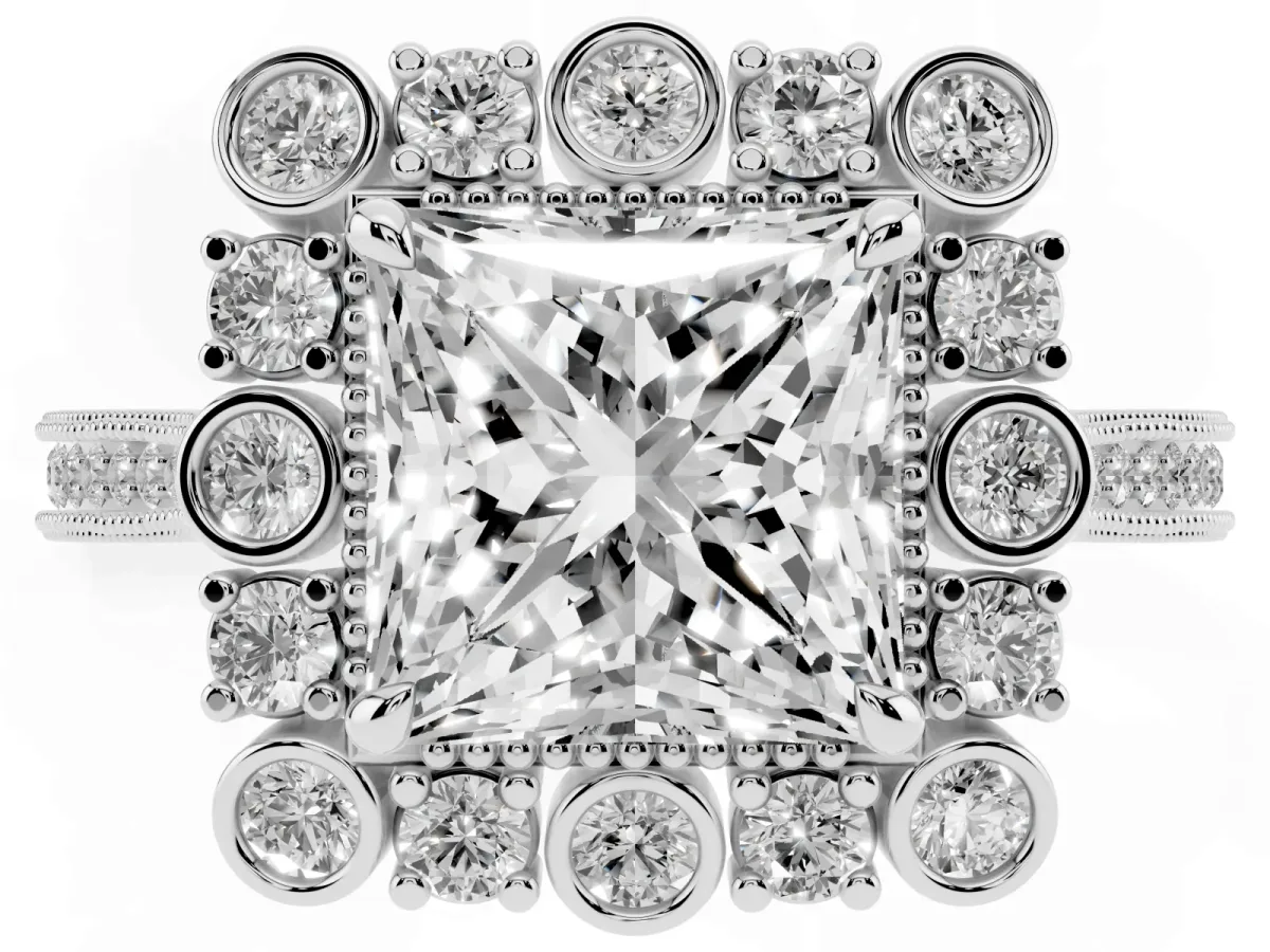 Princess Cut Halo Milgrain Pave Diamond Ring with Four-Prong Setting Silver