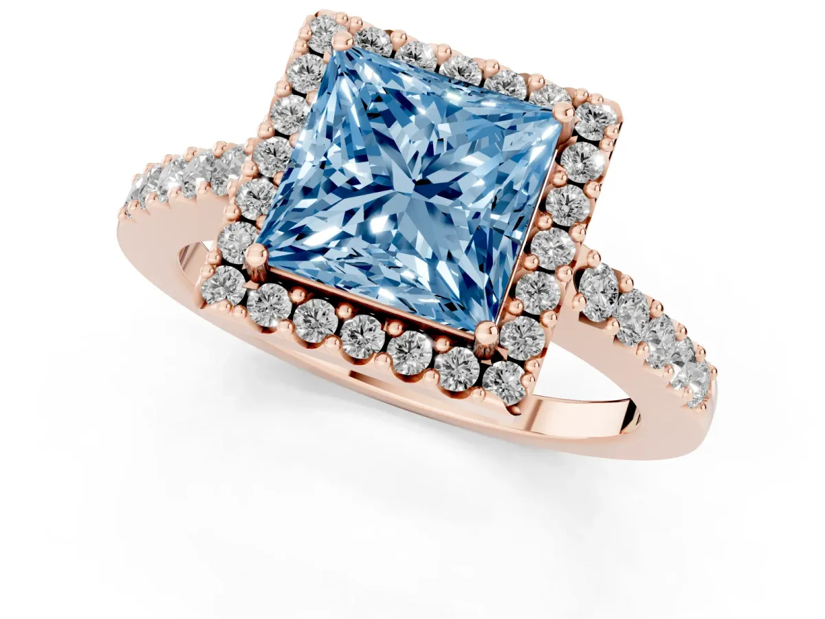 Fancy Blue Princess Cut Halo Diamond Pavé Solitaire Ring Rose gold