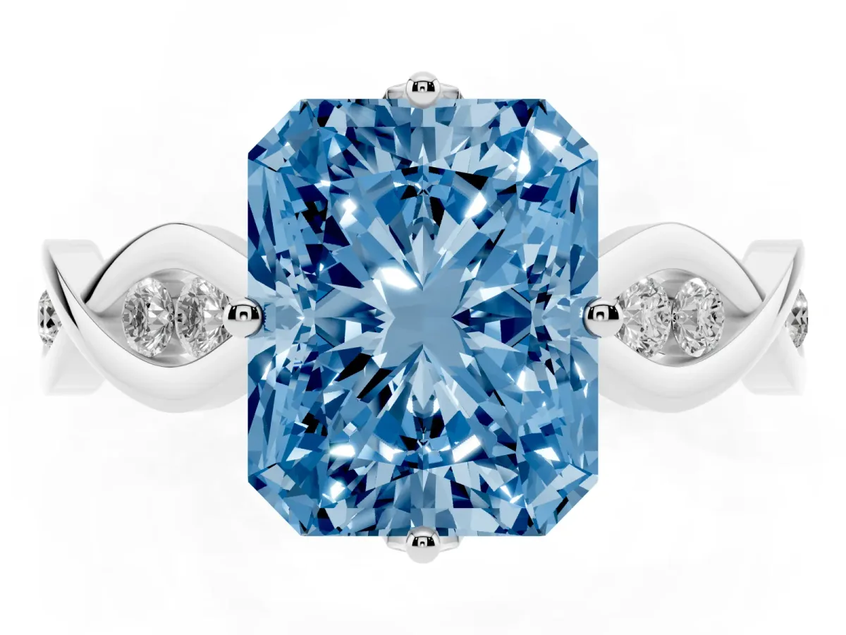 Fancy Blue Radiant Cut Solitaire Twist Band with Leaf Prong Setting Silver