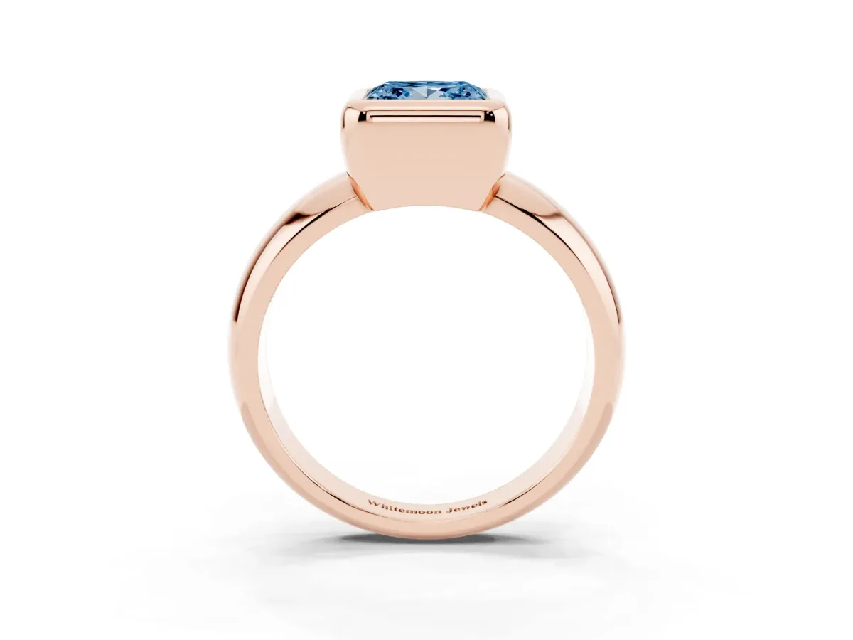 Fancy Blue Bezel Set Princess Cut Solitaire Ring with Wide Band Rose gold