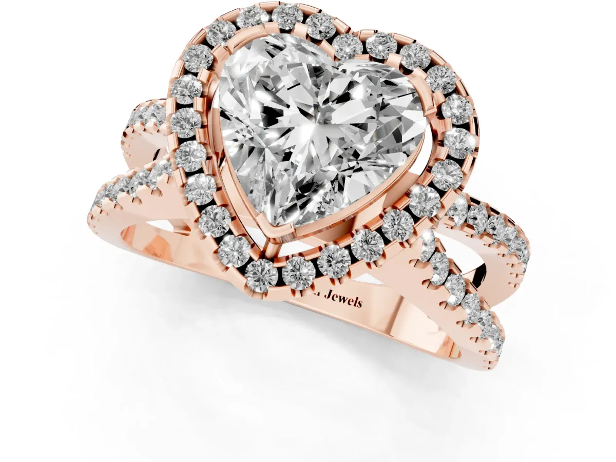 Heart Cut Diamond Halo Ring with Split Shank Pavé Band and Prong Setting Rose gold