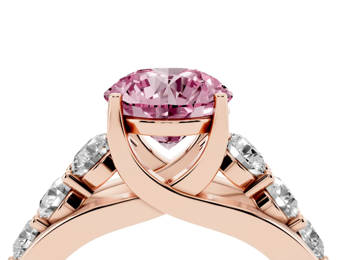 Fancy Pink Round Cut Diamond Engagement Ring with Pavé Band and Four-Prong Setting Rose gold