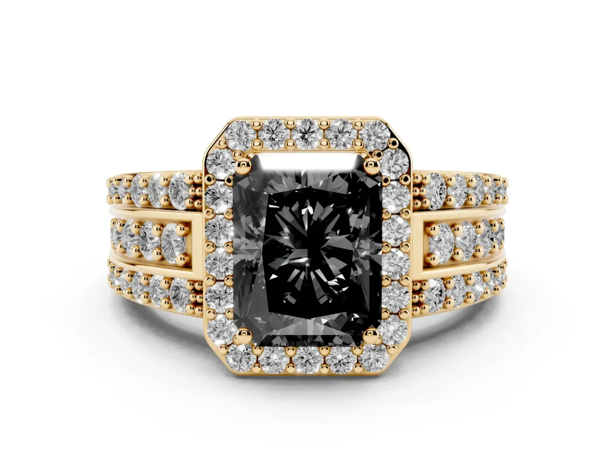 Fancy Black Radiant Cut Halo Diamond Ring with Round Split Shank and Prong Setting Yellow gold