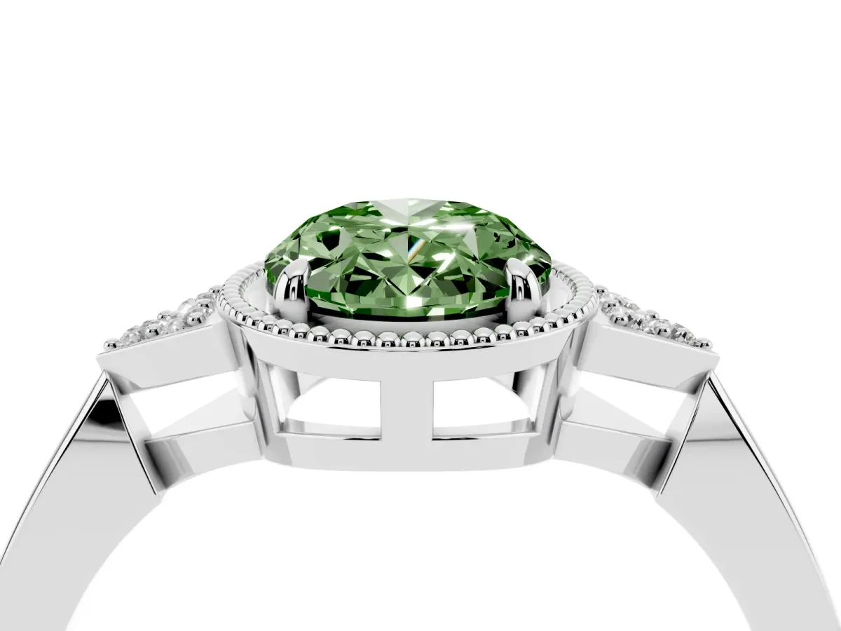Fancy Green Hexagonal Halo Oval Cut Diamond Solitaire with Pavé Band and Four-Prong Setting Silver