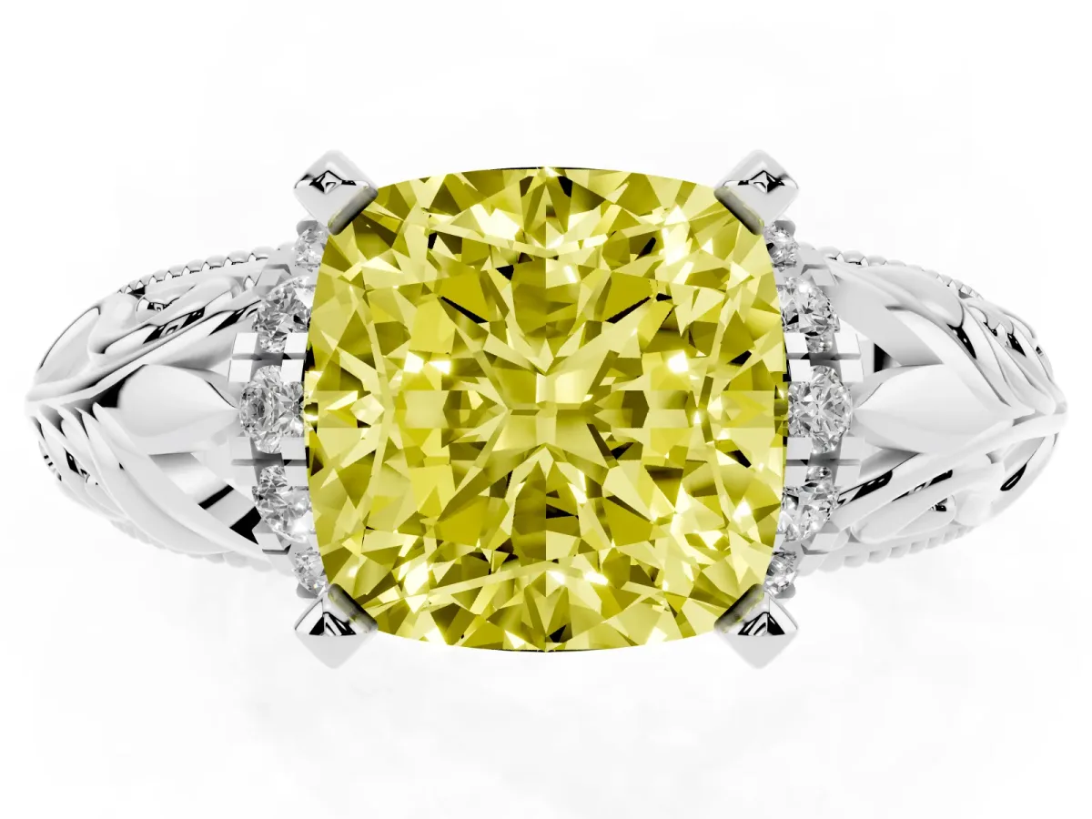 Fancy Yellow Cushion Cut Solitaire Filigree Engagement Ring with Halo and Prong Setting Silver