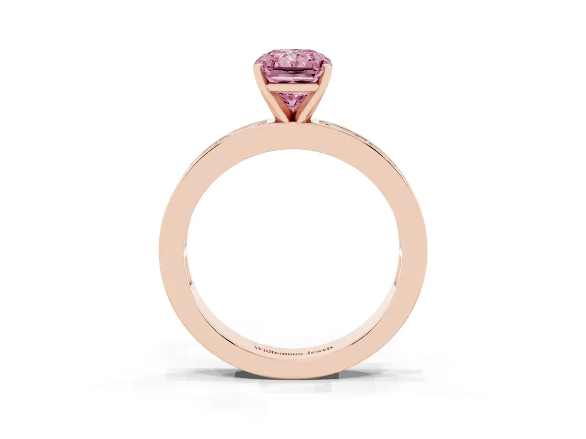 Fancy Pink Radiant Cut Solitaire Diamond Ring with Channel-Set Baguette Band and Four-Prong Setting Rose gold