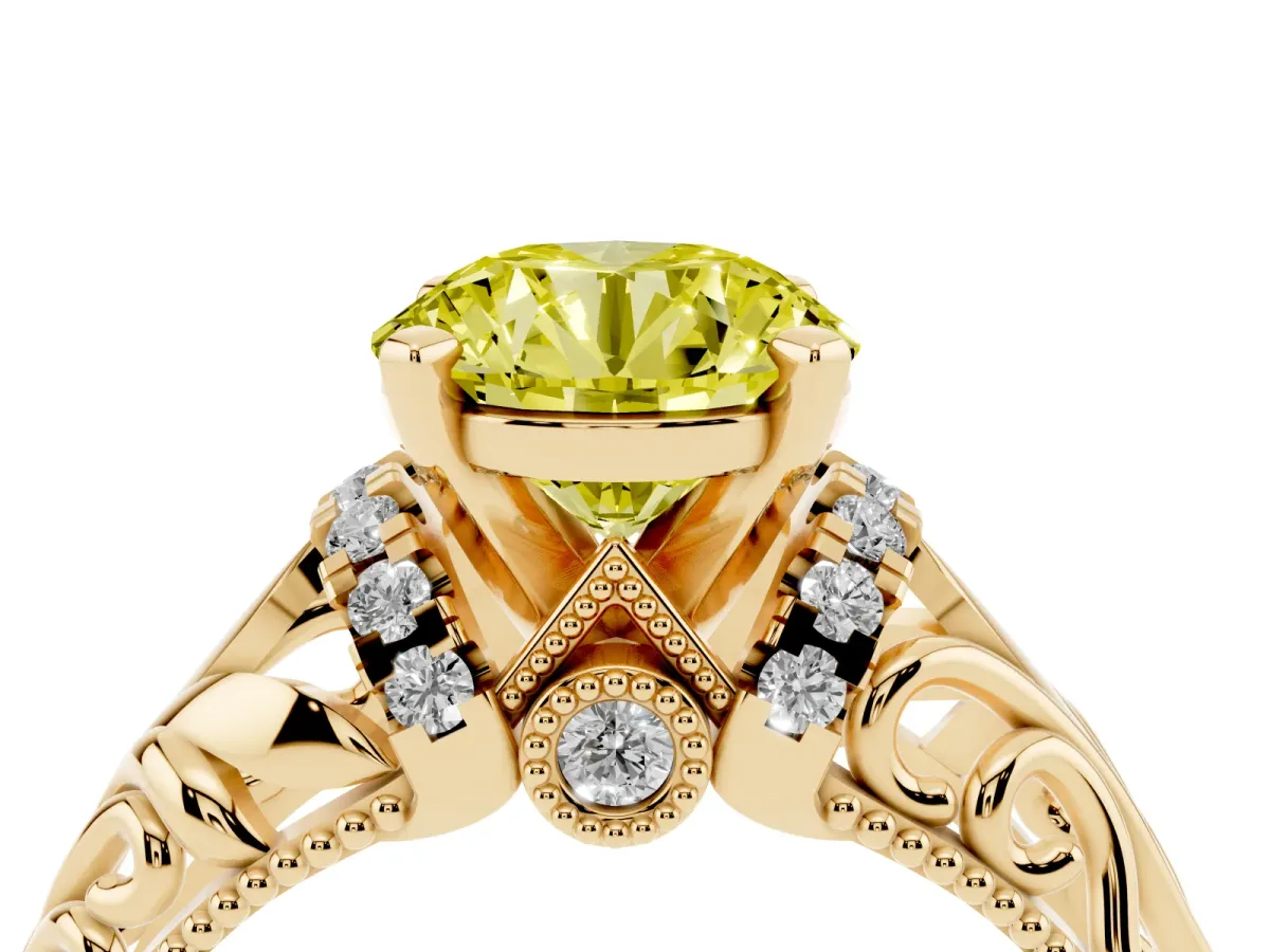 Fancy Yellow Round Cut Solitaire Filigree Engagement Ring with Halo and Prong Setting Yellow gold
