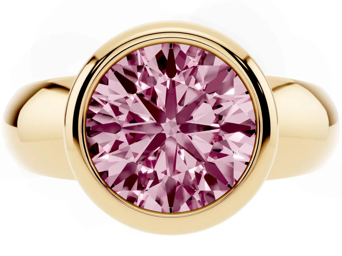 Fancy Pink Bezel Set Round Cut Solitaire Ring with Wide Band Yellow gold