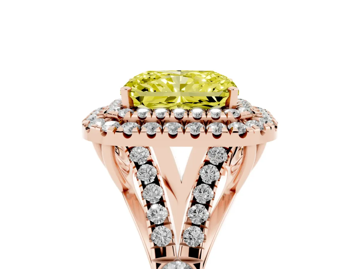 Fancy Yellow Double Halo Radiant Cut Diamond Split Shank Engagement Ring with Four-Prong Setting Rose gold