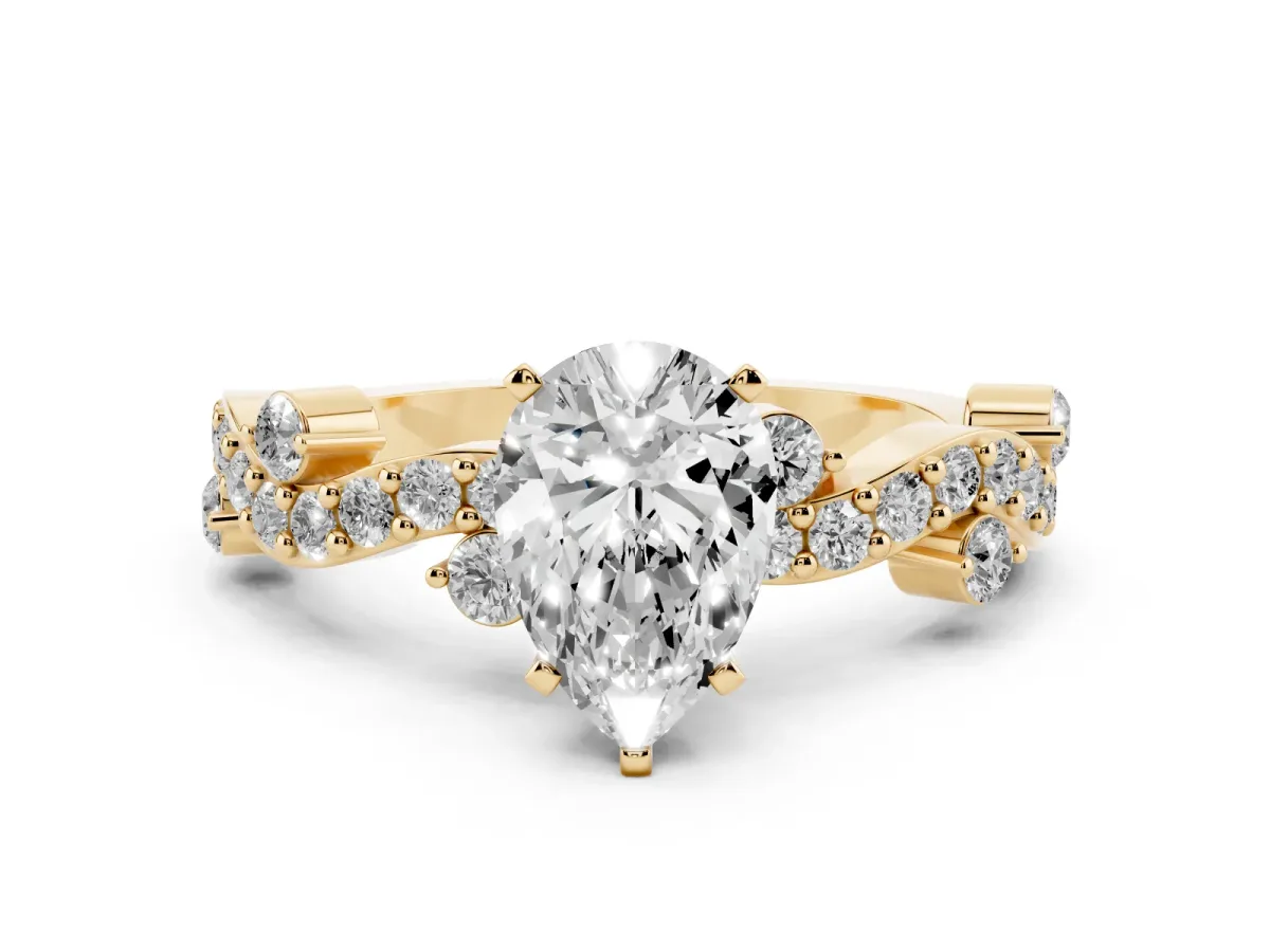 Pear Cut Cut Solitaire Diamond Twisted Band with Pave Setting Yellow gold