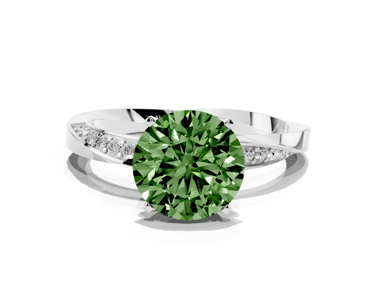 Fancy Green Round Cut Diamond Engagement Ring with Side Stone Accents and Four-Prong Setting White gold