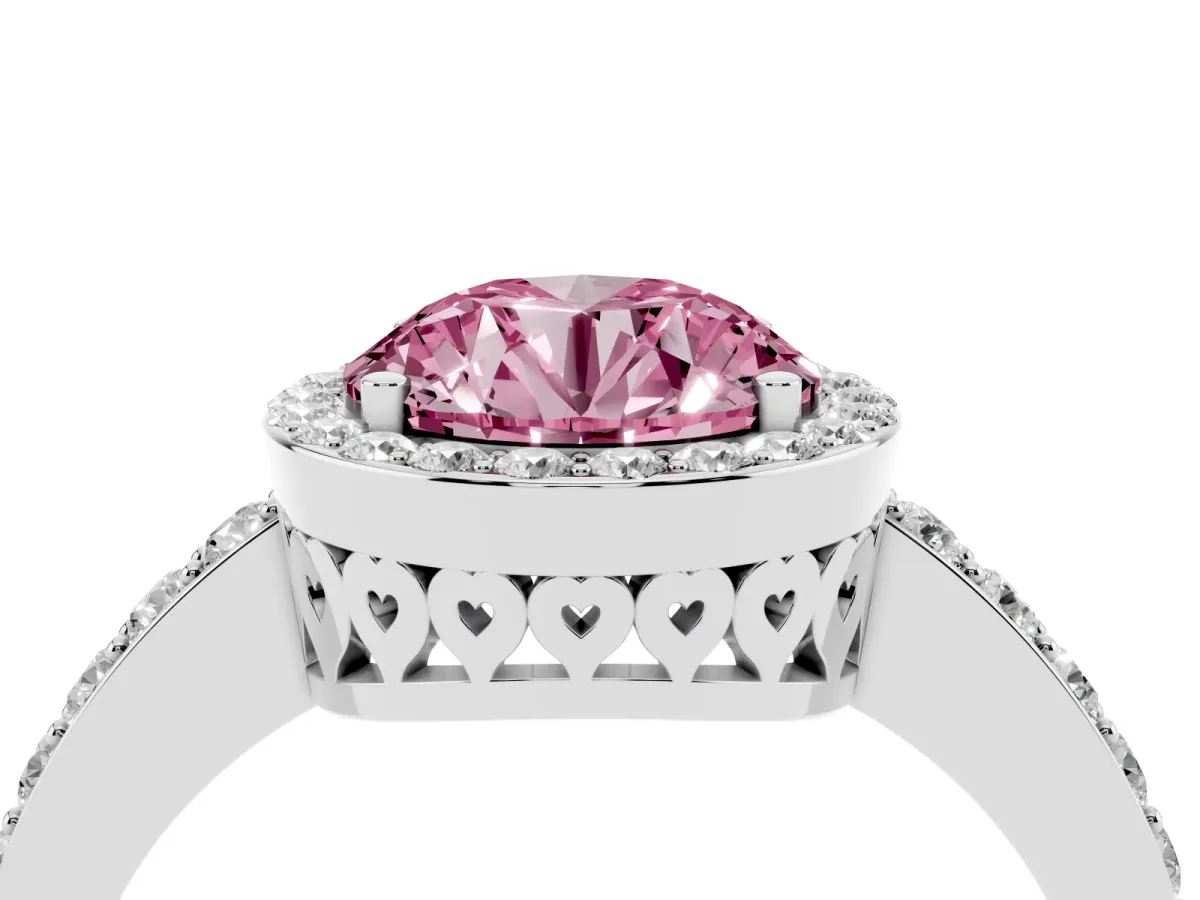 Fancy Pink Round Cut Halo Diamond Pavé Band Ring with Prong Setting Silver