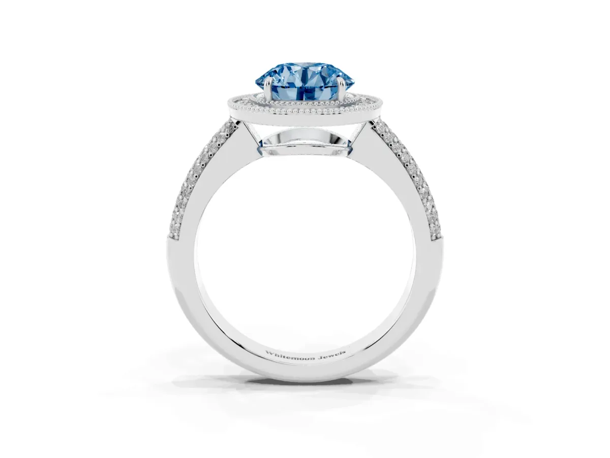 Fancy Blue Round Cut Cut Halo Diamond Pave Band with Four-Prong Setting White gold