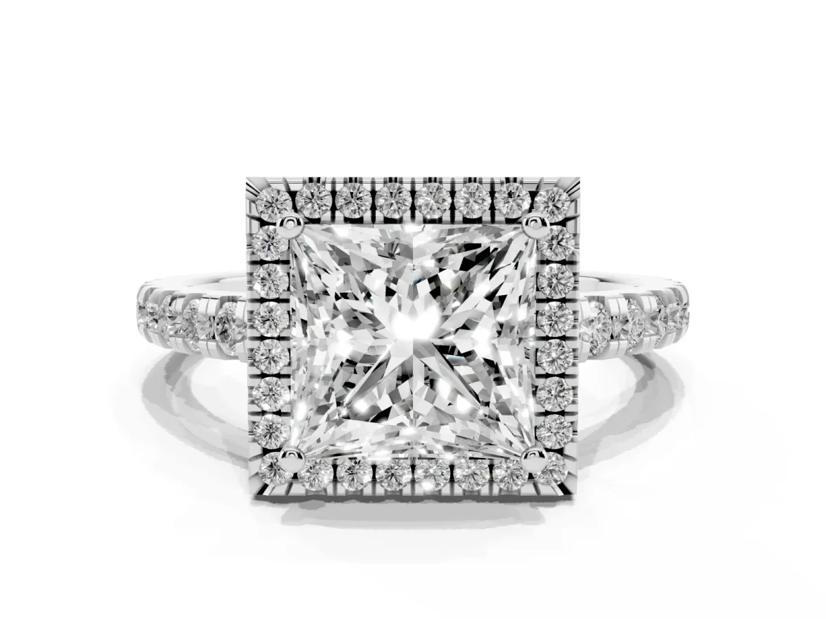 Princess Cut Diamond Halo Ring with Pavé Band and Four-Prong Setting Silver
