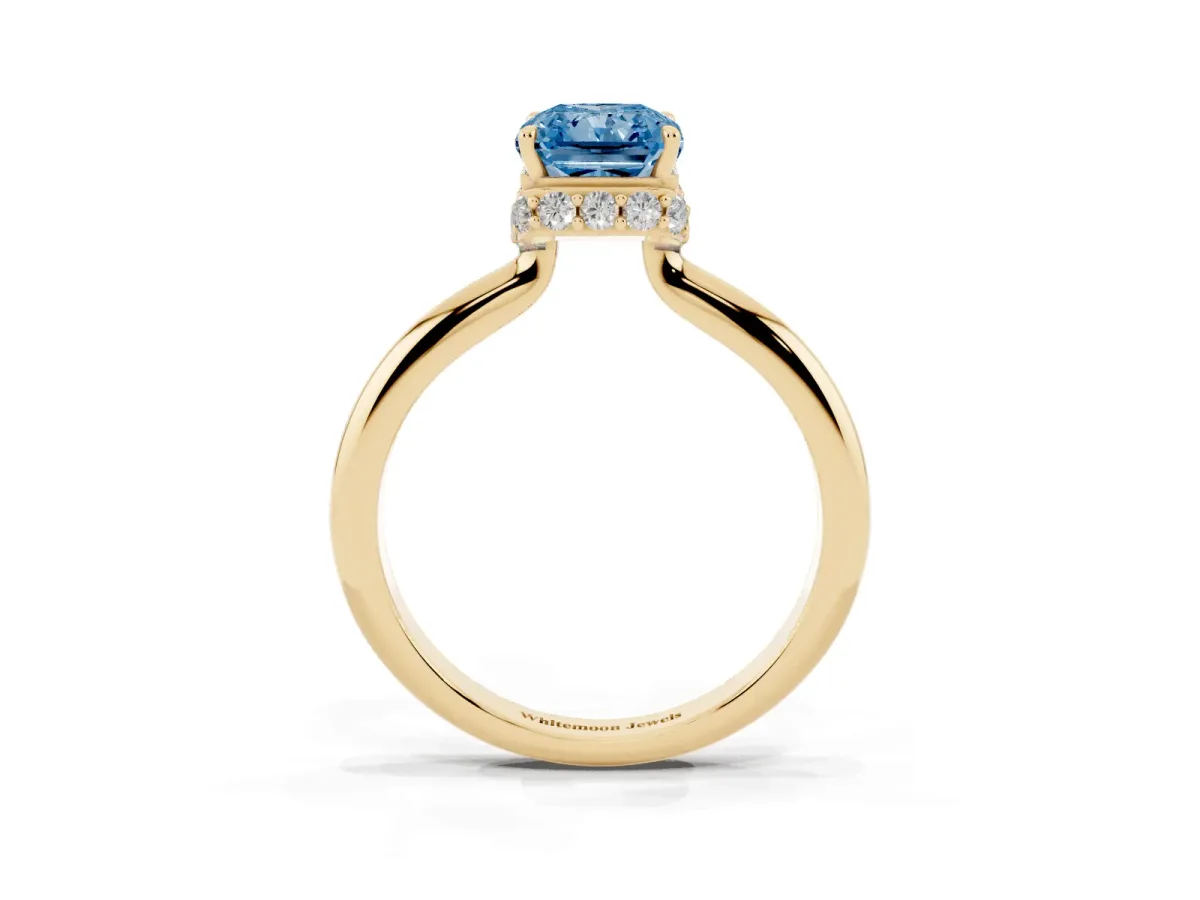 Fancy Blue Radiant Cut Brilliant Solitaire Engagement Ring with Six-Prong Setting and Classic Band Yellow gold