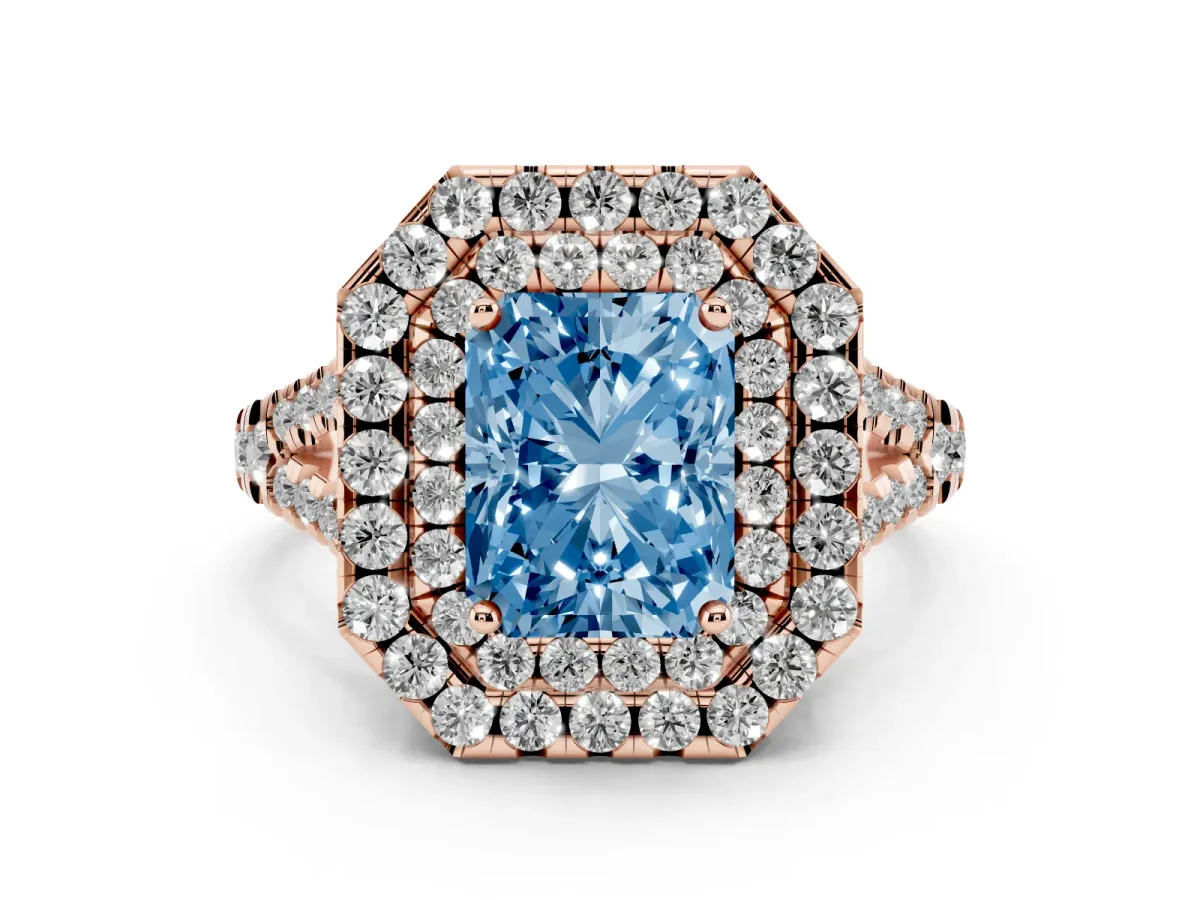 Fancy Blue Double Halo Radiant Cut Diamond Pavé Split Shank Ring with Prong Setting Rose gold