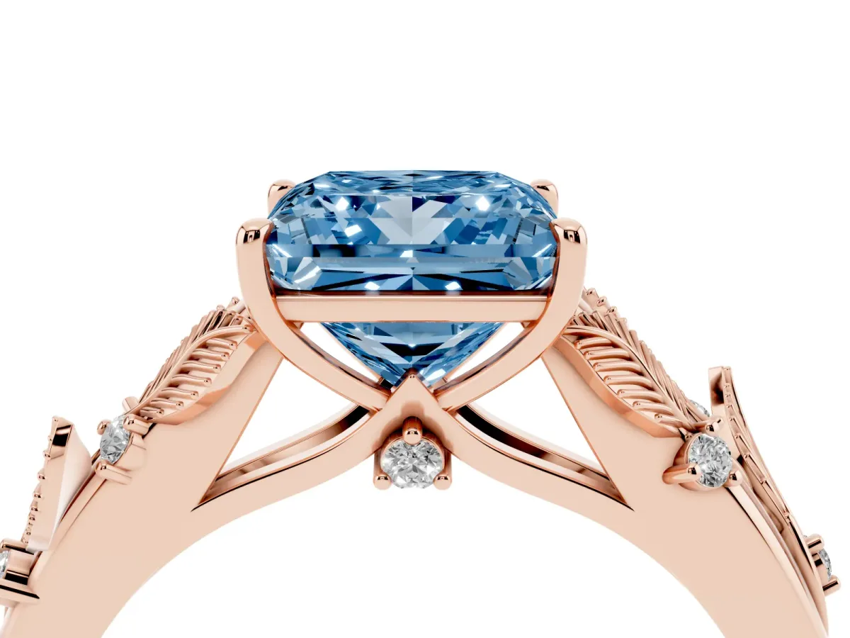 Fancy Blue Princess Cut Diamond Solitaire Ring with Leaf Motif Band and Four-Prong Setting Rose gold