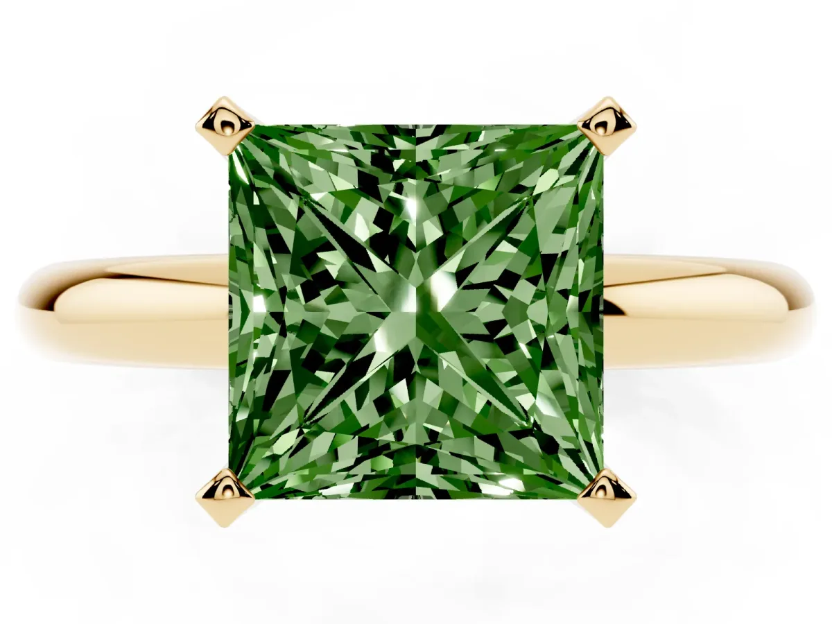 Fancy Green Princess Cut Diamond Solitaire Engagement Ring with Round Band and Four-Prong Setting Yellow gold