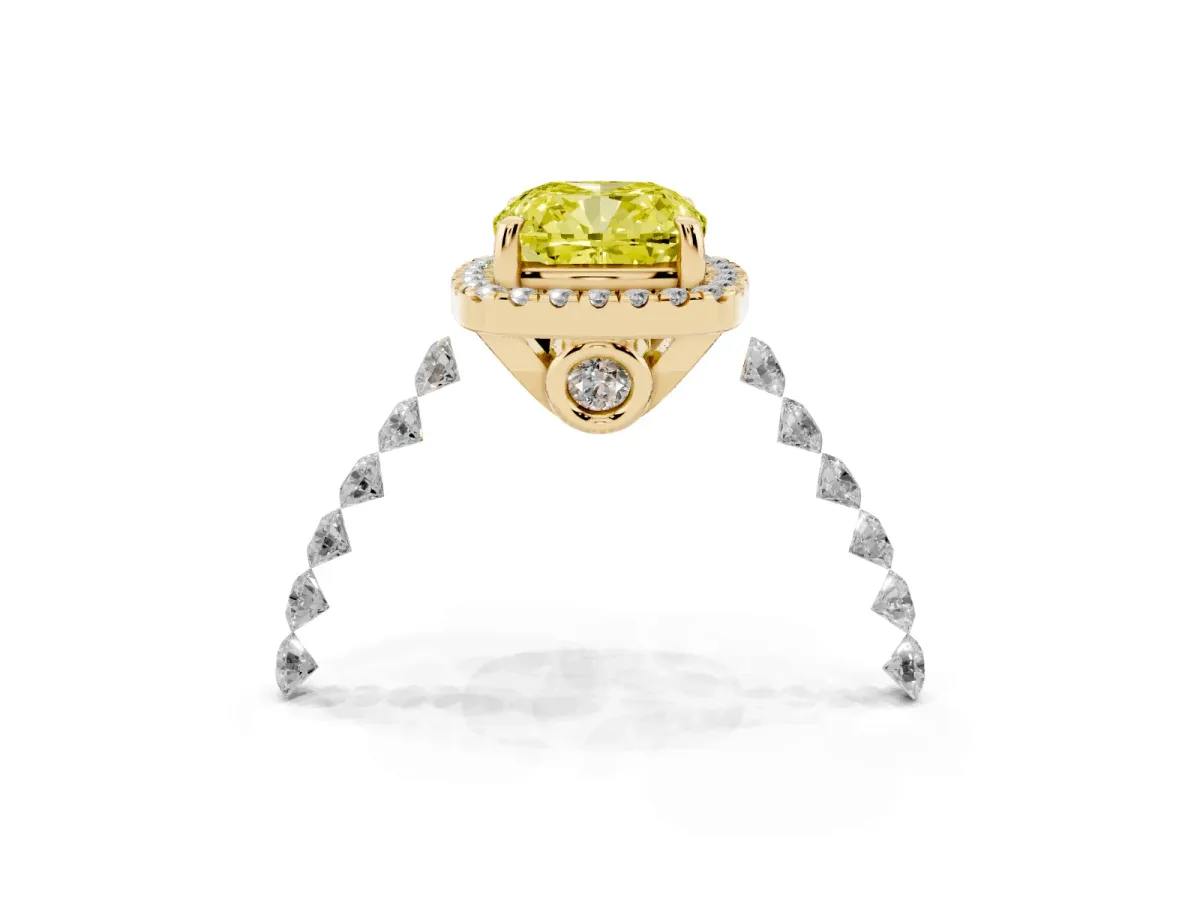 Fancy Yellow Cushion Cut Halo Pavé Diamond Engagement Ring with Four-Prong Setting Yellow gold