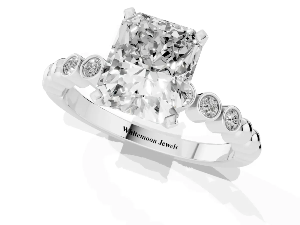 Radiant Cut Solitaire Bezel Accent Diamond Engagement Ring with Beaded Band and Four-Prong Setting Silver