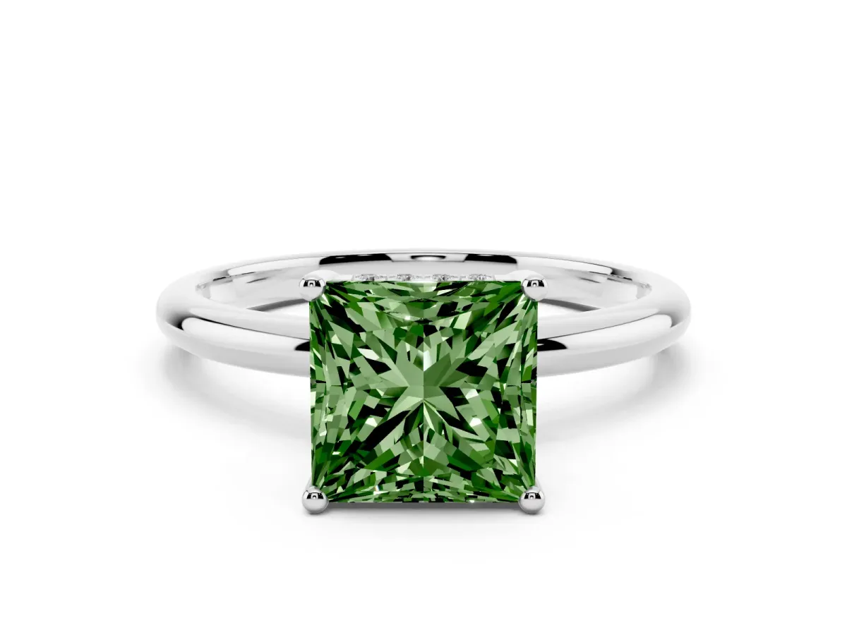 Fancy Green Princess Cut Cut Solitaire Engagement Ring with Four-Prong Setting and Classic Band White gold