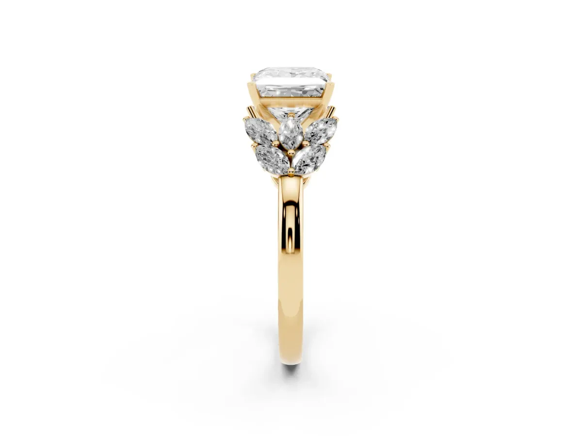 Princess Cut Diamond Cluster Leaf Design Ring with Prong Setting Yellow gold