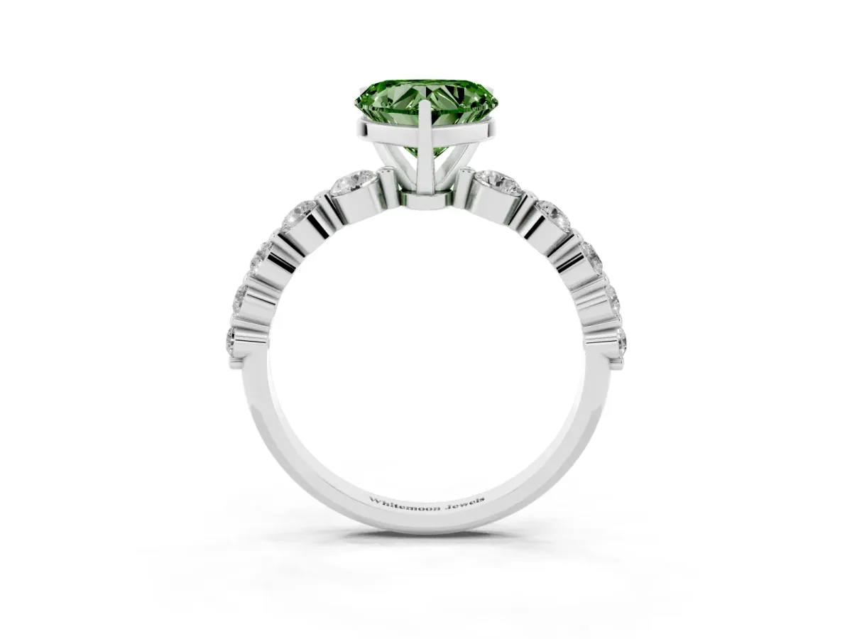 Fancy Green Heart Cut Solitaire Diamond Ring with Pave Band and Four-Prong Setting Silver