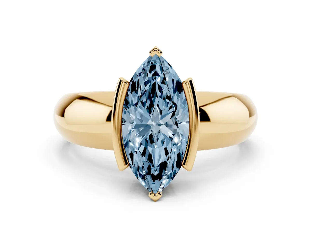 Fancy Blue Marquise Cut Solitaire Tension Set Diamond Ring with Wide Band Yellow gold