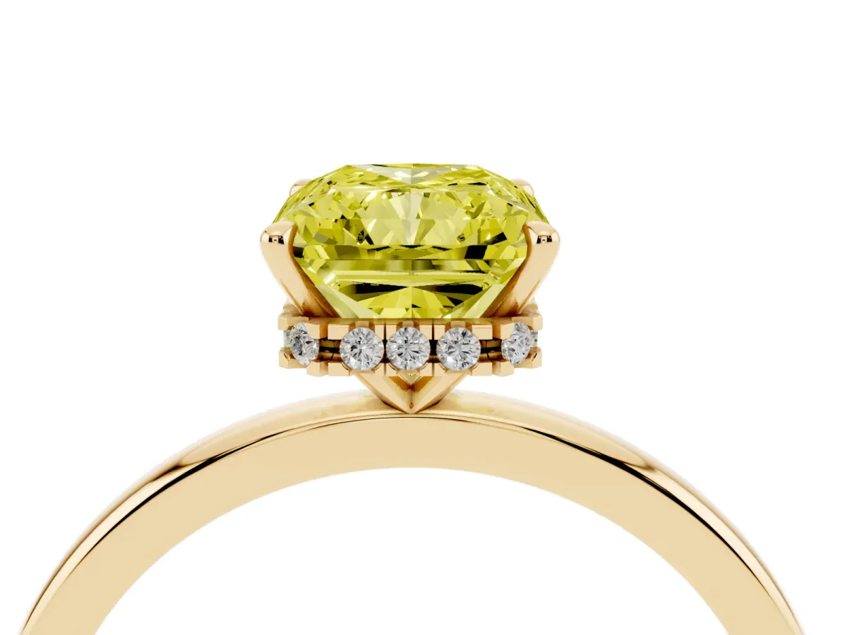 Fancy Yellow Radiant Cut Solitaire Engagement Ring with Cathedral Band and Four-Prong Setting Yellow gold