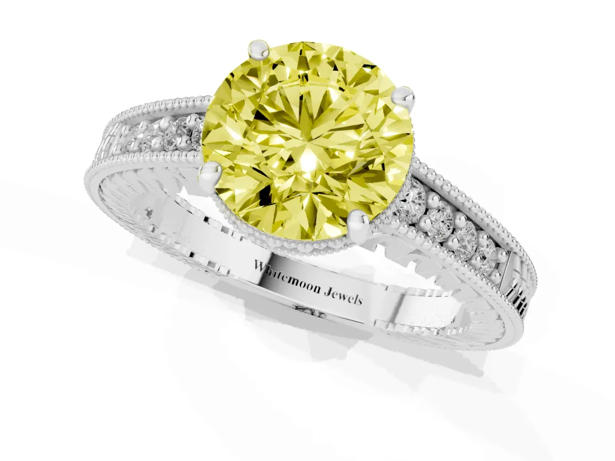 Fancy Yellow Round Cut Solitaire Pavé Diamond Milgrain Engagement Ring with Four-Prong Setting Silver