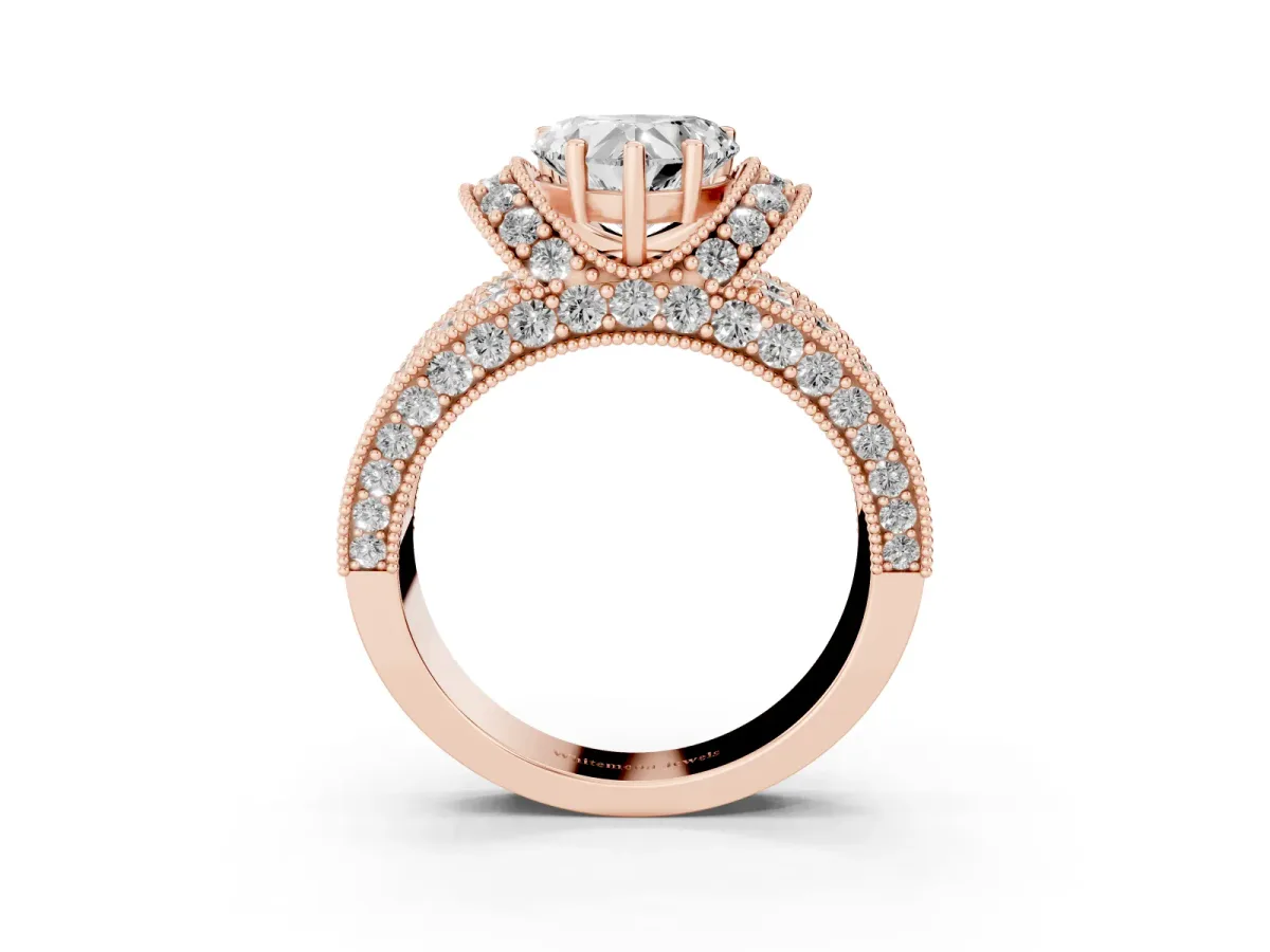 Heart Cut Halo Pave Diamond Engagement Ring with Milgrain Detailing Rose gold