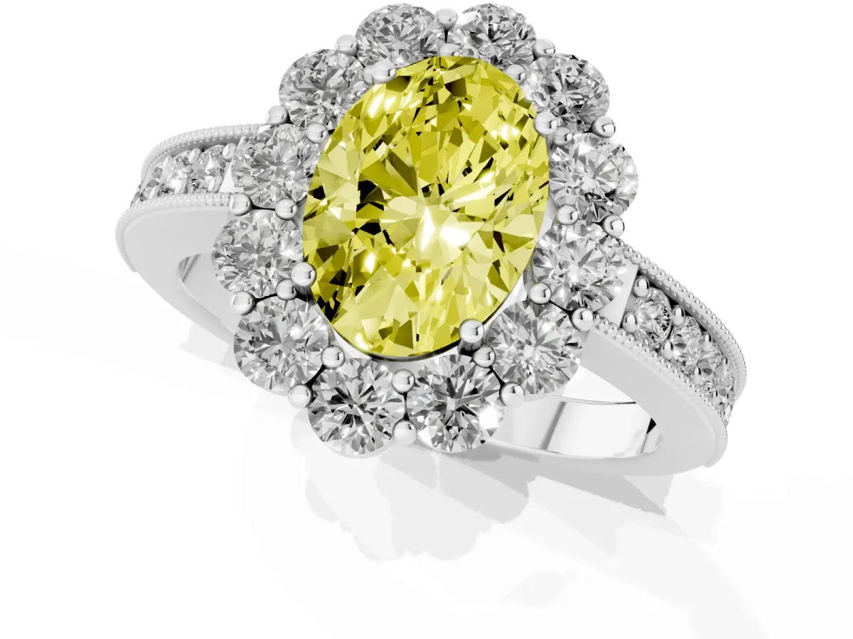 Fancy Yellow Oval Cut Cut Halo Diamond Pavé Engagement Ring with Milgrain Detailing Silver