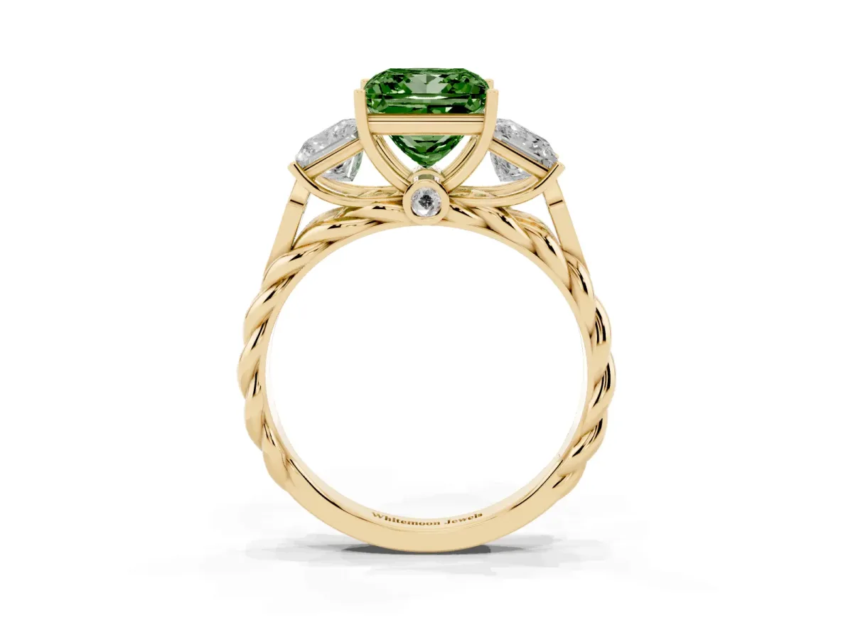Fancy Green Three-Stone Princess Cut Diamond Braided Band Ring with Four-Prong Setting Yellow gold