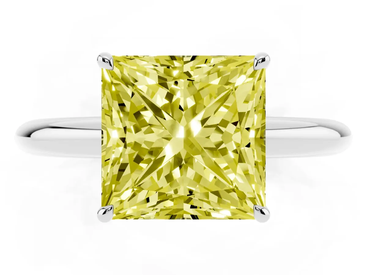 Fancy Yellow Princess Cut Brilliant Solitaire Engagement Ring with Six-Prong Setting and Classic Band Silver