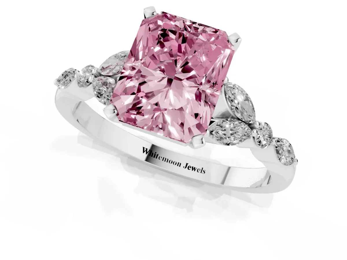 Fancy Pink Radiant Cut Diamond Solitaire Ring with Side Stones and Four-Prong Setting Silver