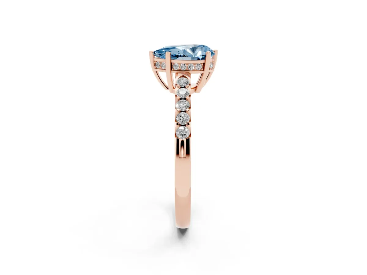 Fancy Blue Pear Cut Solitaire Diamond Engagement Ring with Pavé Band and Six-Prong Setting Rose gold