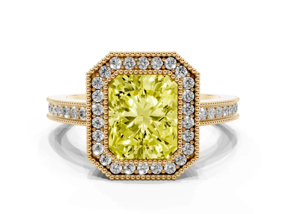Fancy Yellow Radiant Cut Cut Halo Diamond Ring with Pavé Band and Milgrain Prong Setting Yellow gold