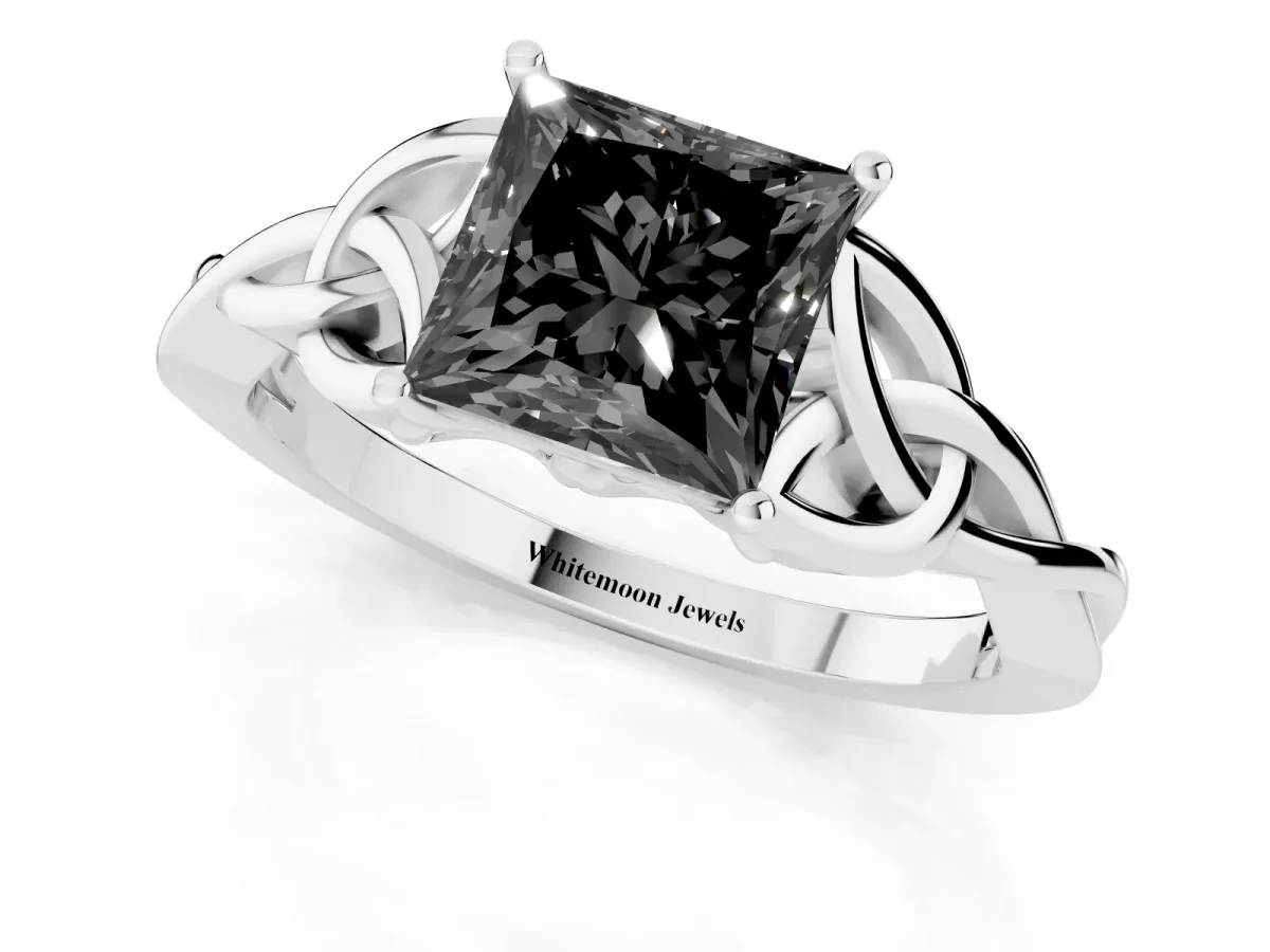 Fancy Black Princess Cut Diamond Solitaire Engagement Ring with Celtic Knot Band and Four-Prong Setting Platinum