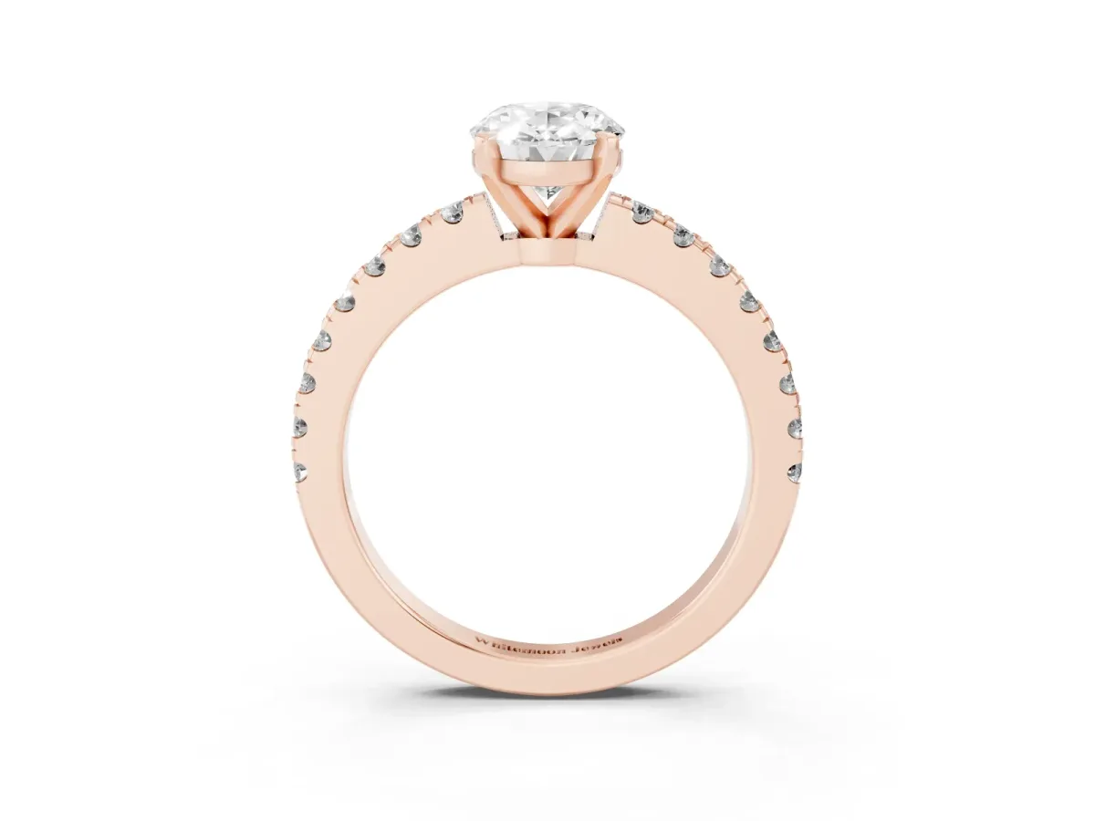Oval Cut Solitaire Diamond with Pavé Band and Four-Prong Setting Rose gold