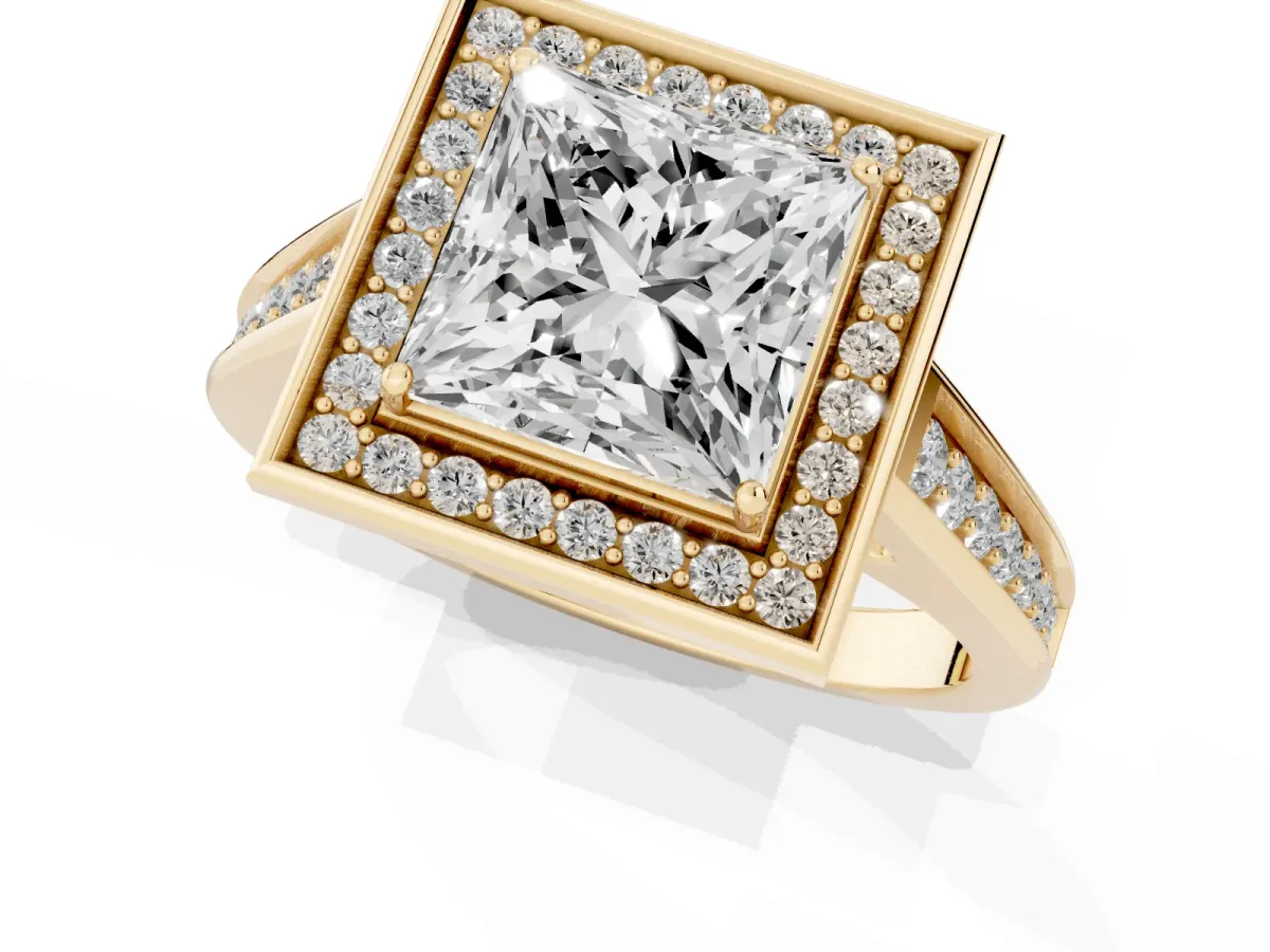 Princess Cut Halo Solitaire Diamond Ring with Pave Band and Bezel Setting Yellow gold